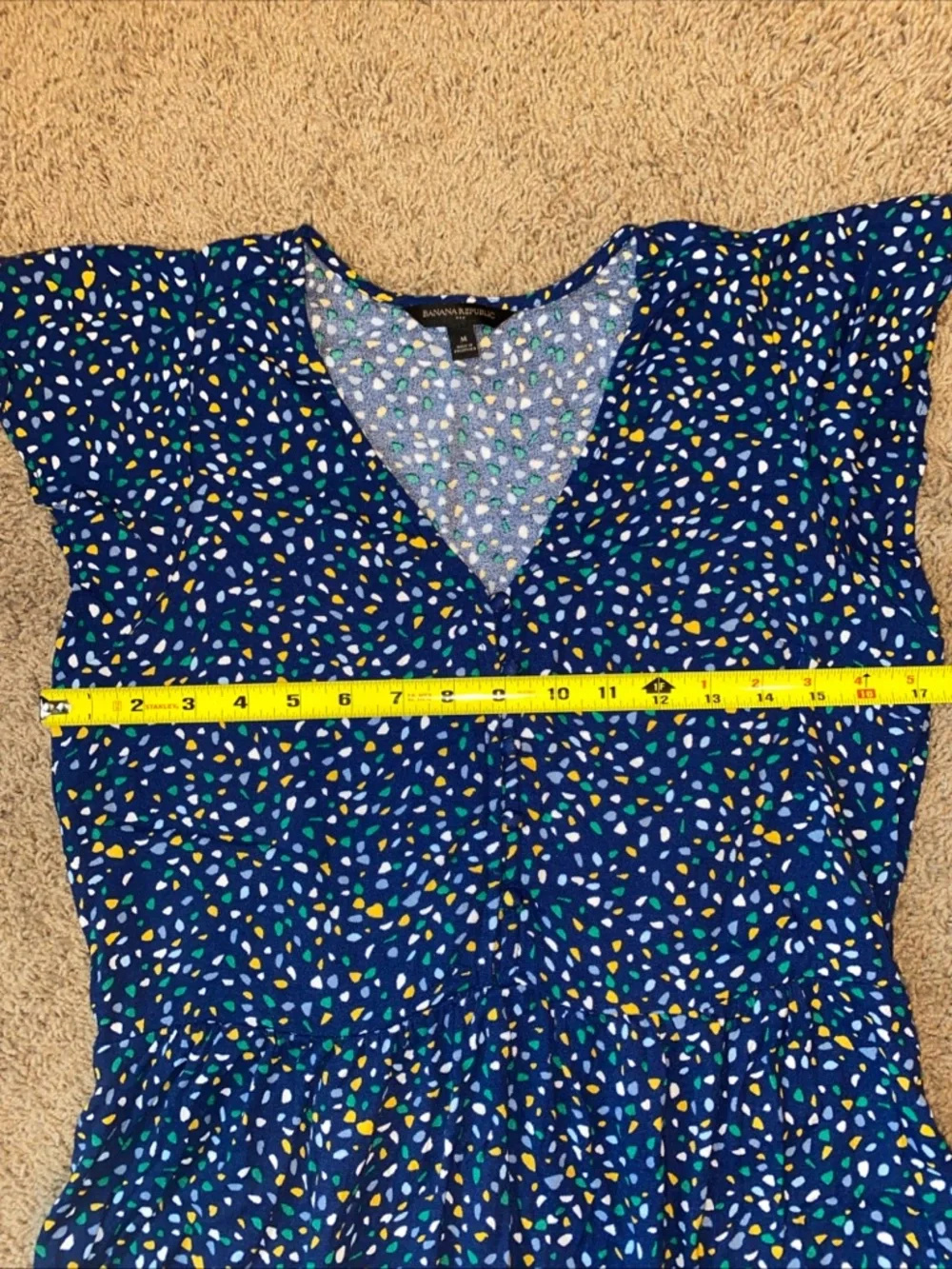 Banana Republic Mini Dress Sz M Blue Confetti Geometric Print Cap Sleeve Ruffle